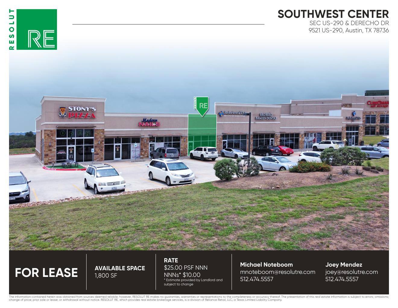 Full Southwest Center storefront and parking lot on US-290, Oak Hill, with all inline tenants visible.